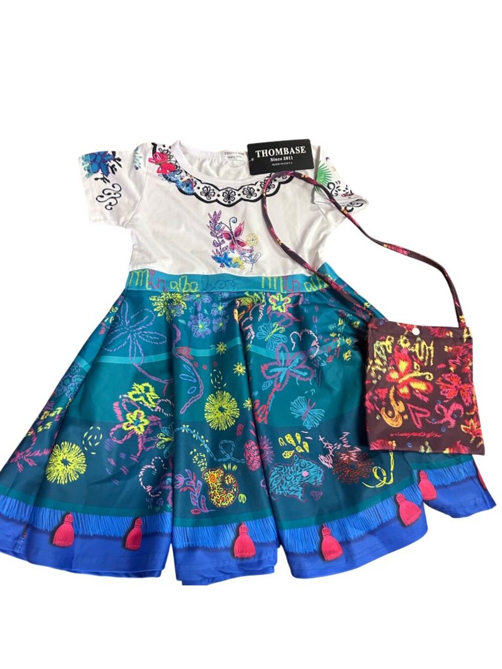 Thombase Girls Floral & Cartoon Print Dress With Tassel Hem Size 130 (7-8) NWT